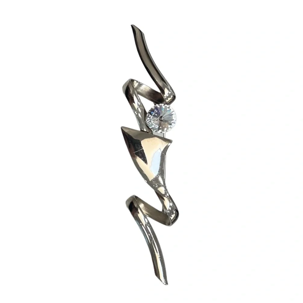VINTAGE ARTISTIC SILVER TONE SQUIGGLE & CRYSTAL BROOCH